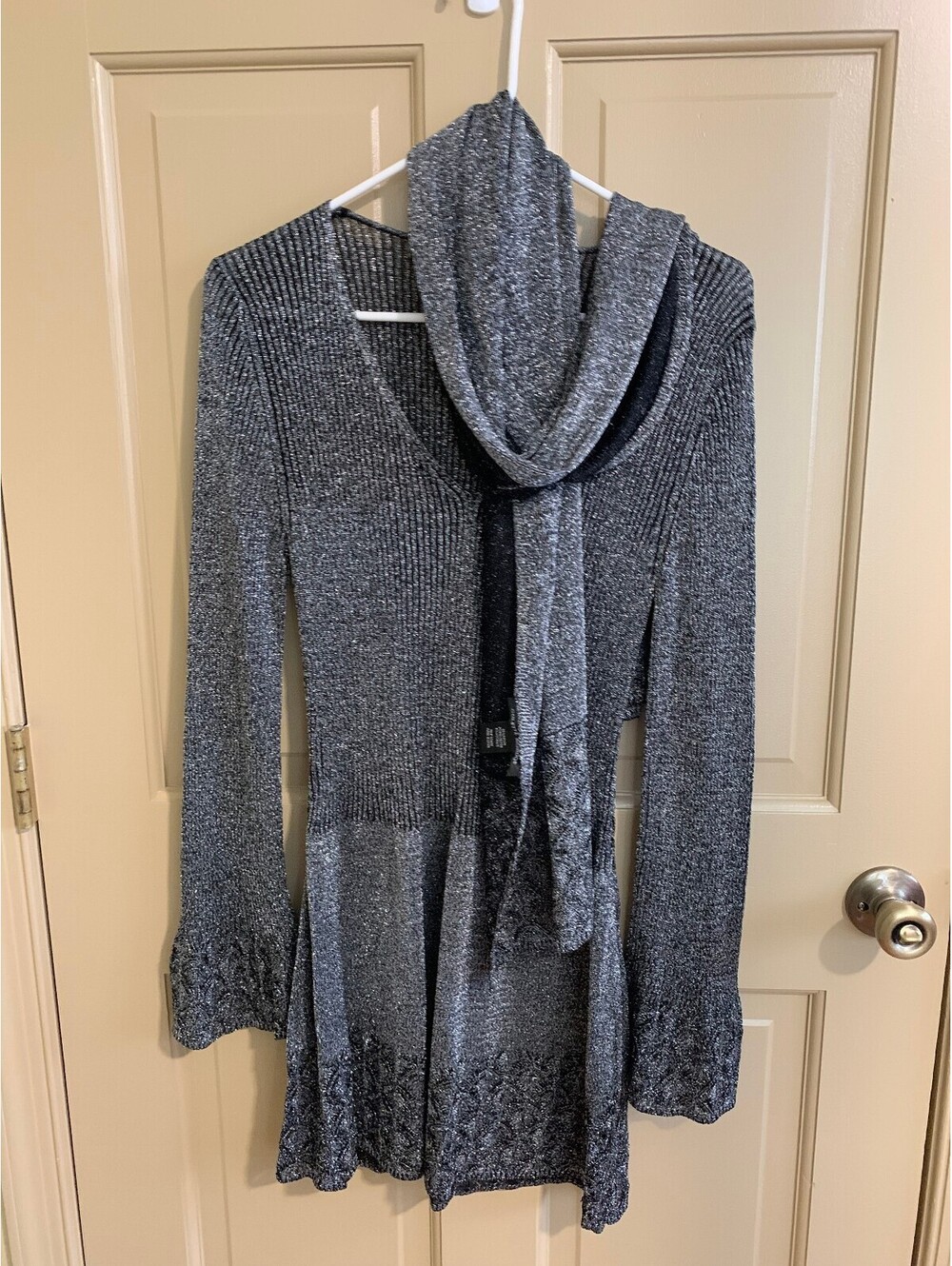 Colette Mordo Metallic Knit Tunic Sweater M Matching Scarf Bell Sleeve
